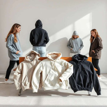 Women modeling different styles of hoodies in a bright, minimal setting