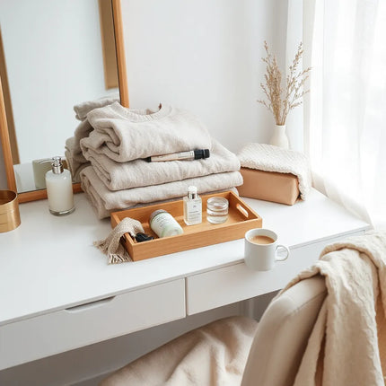 Minimal vanity setup with skincare, accessories, and folded clothing in soft natural light