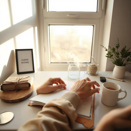Person resting hands on a closed journal at a bright window, creating a calm reset atmosphere