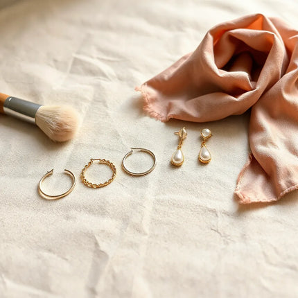 Hoop, drop, and stud earrings in gold and silver tones arranged on neutral fabric