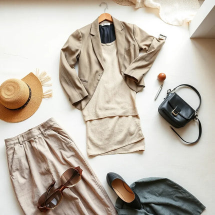 Neutrals wardrobe essentials laid out neatly: blazer, knit top, midi skirt, shoes, and crossbody bag.