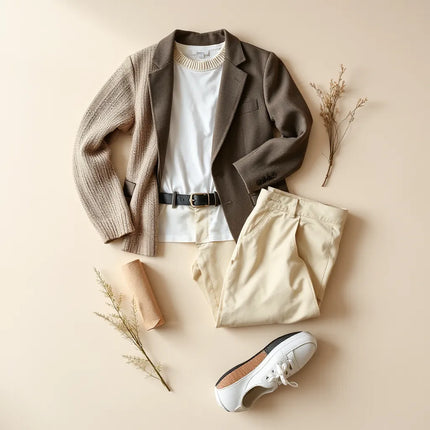 Neutral wardrobe essentials arranged on a light background for an easy style refresh