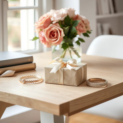 Elegant wrapped gift box with satin ribbon and a fashion accessory on a light wood table
