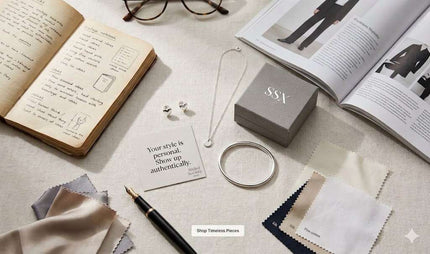 Flat lay of Styled Society xoxo minimalist jewelry including a silver bangle, heart studs, and a chain necklace on a desk with a notebook and fashion magazine.