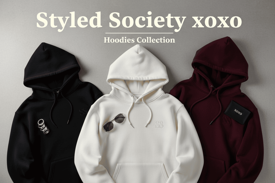 A group of people wearing oversized hoodies in black, cream, and maroon colors from the Styled Society xoxo collection.