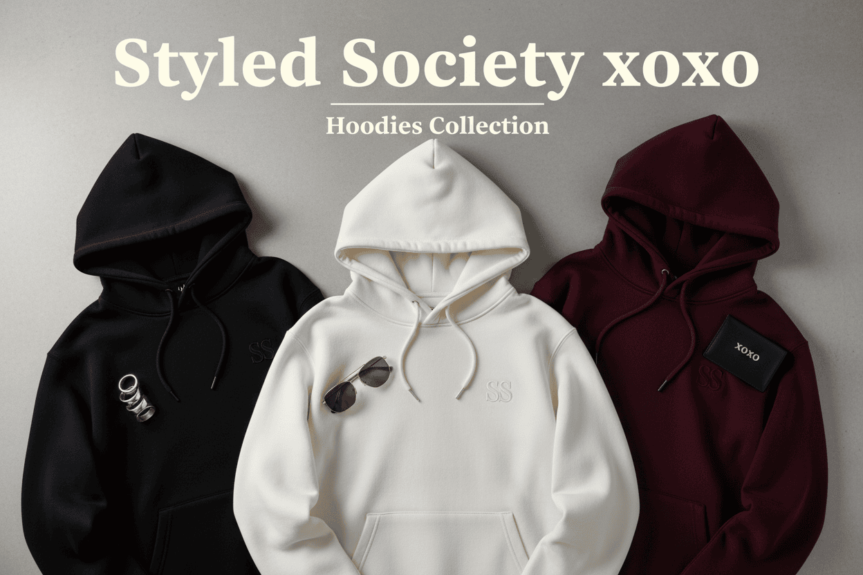 A group of people wearing oversized hoodies in black, cream, and maroon colors from the Styled Society xoxo collection.