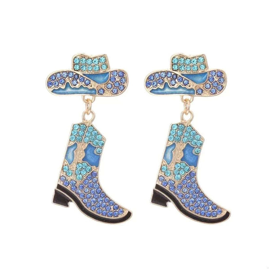 Cowboy Hat and Boot Dangle Earrings Earrings Blue / onesize Styled Society xoxo